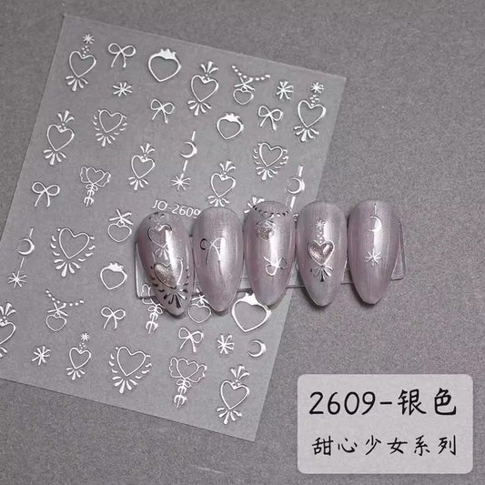 Joyful Nail 2609 - Heart Bow Nail Stickers (Silver)